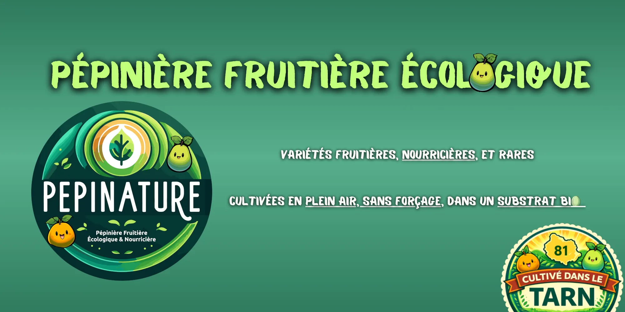 Pépinière écologique de fruitiers en production directe dans le Tarn, ~200 variétés nourricières et rares parmis les plus résistantes aux maladies, cultivées en plein air sans forçage, sans cuivre, dans un substrat bio.
